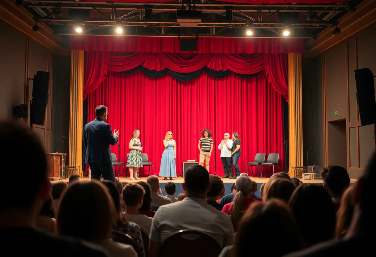 Actors on stage during a theater performance about friendship.