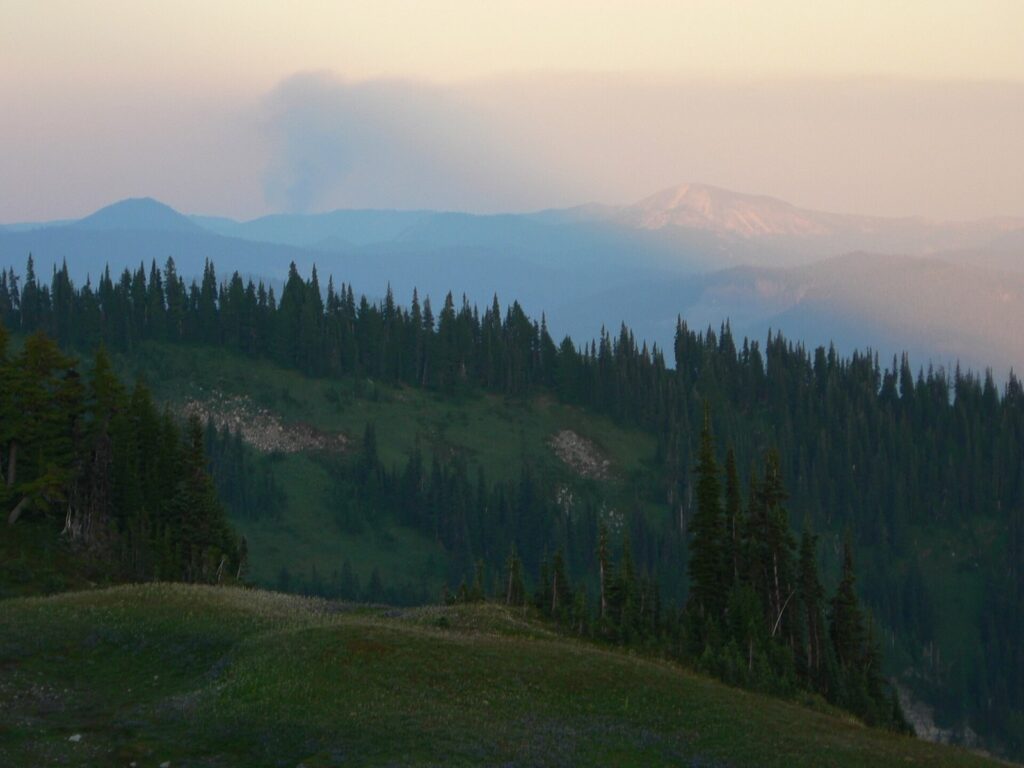 Smoke rising from a wildfire over forested hills
