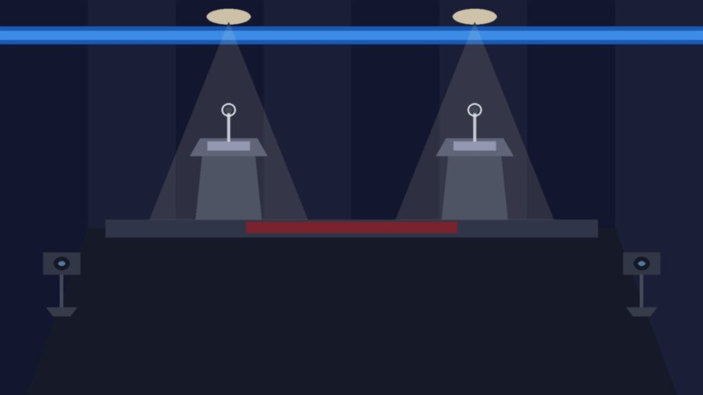 Empty debate stage with podium microphones under stage lights